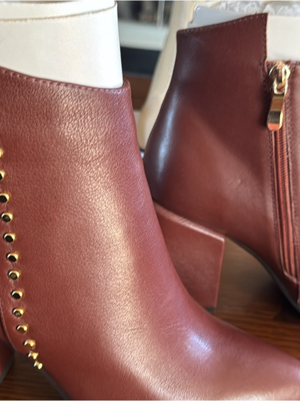 Women’s Chestnut Brown Ankle Boots with Gold Stud Detail - Picture 2 of 5